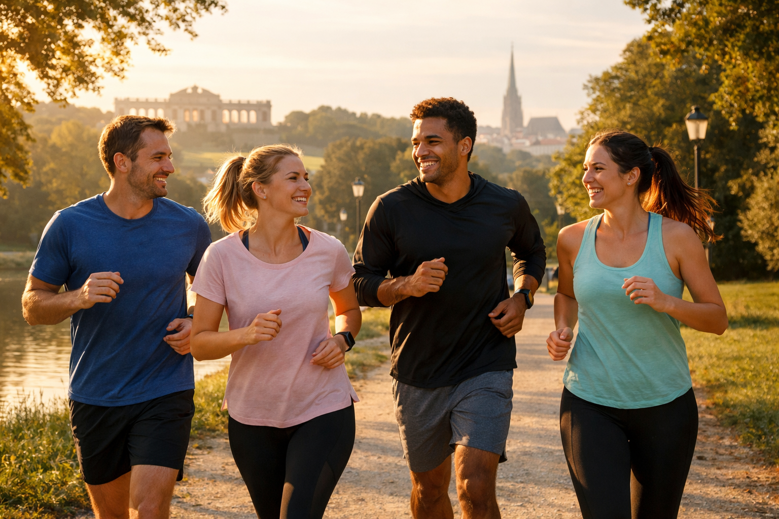 Menschen joggen im Wiener Park bei Morgenlicht